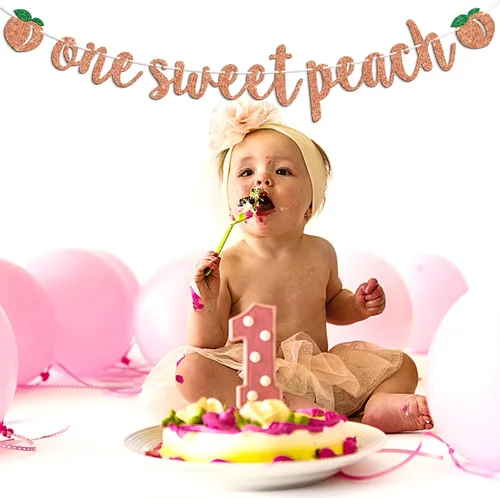 Vista 3 de Cartel con texto en inglés «One Sweet Peach» con tema de durazno para niños, decoración de fiesta de baby shower, suministros para niños y niñas