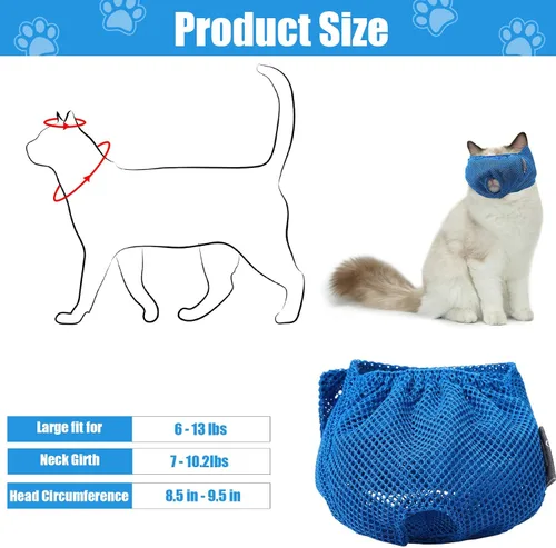 Vista 2 de Weewooday 3 bozales para gatos, bozales de malla transpirable, bolsas de retención para aseo de gatos con bozal antimordeduras antimaullido para Azul