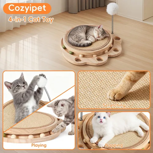 Vista 2 de Tablero rascador 3 en 1 para gatos y centro de actividades con almohadilla rascador de sisal, pista de bolas y juguete de resorte, muebles