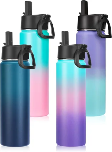Vista 17 de Neihepal Botellas de agua aisladas de 22 onzas con tapa con popote a prueba de fugas, botella de agua de acero inoxidable de doble pared de boca