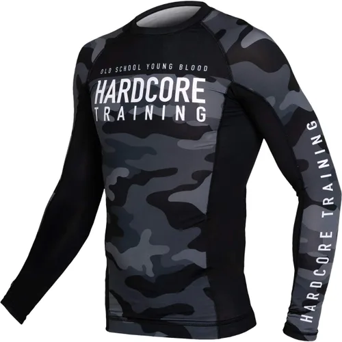 Vista 3 de Hardcore Training Camiseta de compresión para hombre, manga larga, Jiu Jitsu, MMA No-Gi, BJJ apretada, capa base de combate Negro Gris