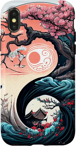 Vista 5 de Funda para iPhone 11 Pro Max Yin Yang Cherry Blossom Bonsái y Great Wave