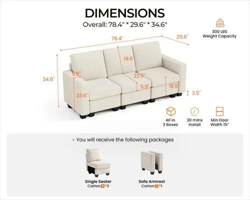 Vista 2 de CHIC HOUSE Sofá modular modular con otomanas de almacenamiento, sofá nube de pana para espacios pequeños y apartamentos, sofá esquinero convertible