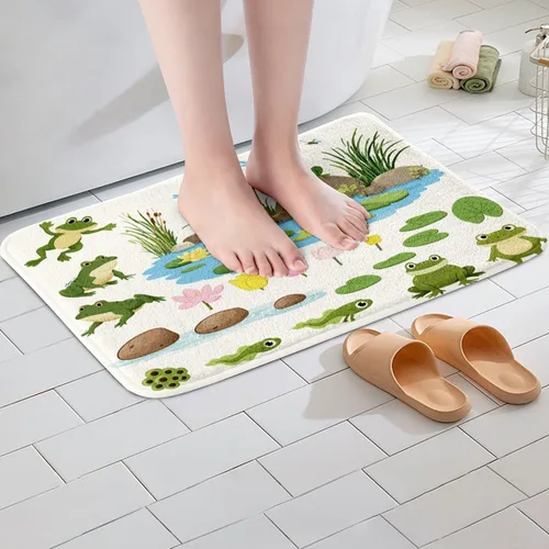 Vista 4 de Tapetes de baño de rana de dibujos animados para niños, decoración kawaii floral botánica, alfombras de baño para niños y adolescentes, ultra