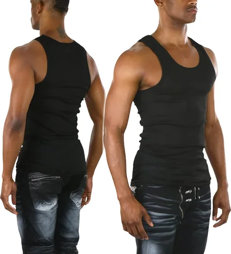 Vista 4 de ToBeInStyle Camiseta sin mangas para hombre, ajuste delgado, mezcla de algodón, color liso, cuello redondo
