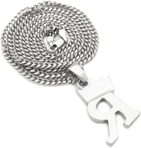 Vista 6 de Colgante empedrado de letra inicial con corona, pequeño de 0.12 pulgadas y unisex, collar de cadena cubana de 24 pulgadas en oro, tono plata.
