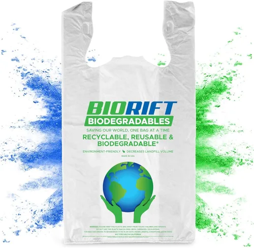 Vista 9 de BioRift Bolsas de comestibles para camisetas – 100% biodegradables y ecológicas – Bolsas de basura pequeñas reutilizables para supermercado – Asas