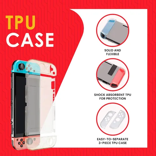 Vista 5 de Switch Accessories Kit compatible for Nintendo Switch - Black Bundle Set with Travel Case, Game Card Holder, Thumb Grip, Tempered Glass, TPU Case