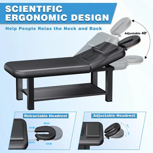 Vista 4 de Mesa de masaje estacionaria con base de metal con respaldo ajustable, mesa de tratamiento de spa profesional, cama de masaje resistente para terapia
