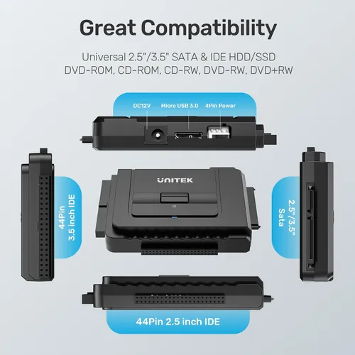 Vista 4 de Kit de adaptador de disco duro externo conversor de Unitek USB C a IDE y SATA para discos duros/SSD de 2.5/3.5 pulgadas universales, función