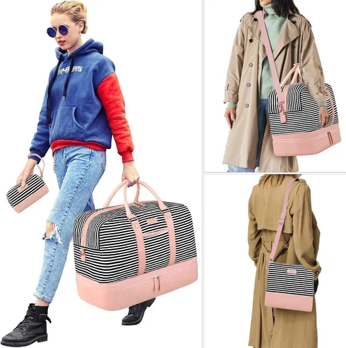 Vista 113 de IBFUN Bolsas de fin de semana para mujer, bolsa grande de lona para viaje, bolsa de viaje con compartimento para zapatos, 21 pulgadas, juego de 3
