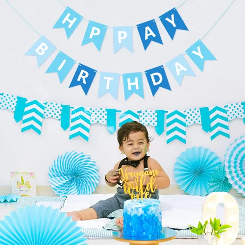 Vista 9 de Cartel azul de feliz cumpleaños, pancarta de feliz cumpleaños, guirnalda para baby shower, revelación de género, suministros de fiesta para niños