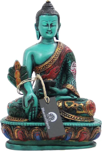 Vista 5 de DharmaObjects Estatua de Buda de medicina curativa tibetana pintada a mano Nepal (5 pulgadas, verde)