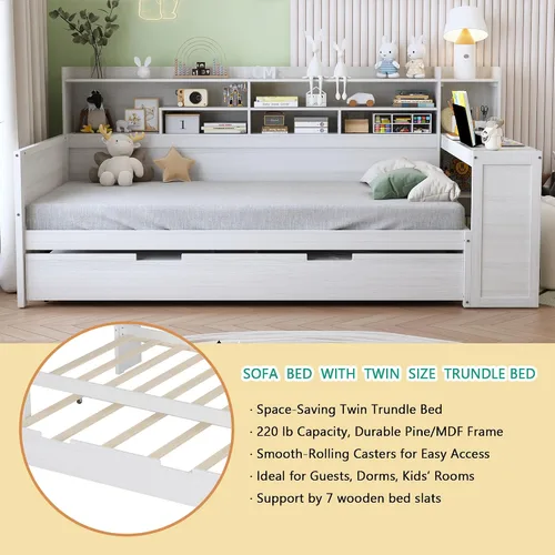 Vista 3 de Polibi Cama diurna de madera tamaño twin con estantes de almacenamiento, escritorio integrado y cama nido tamaño twin, cama multifuncional