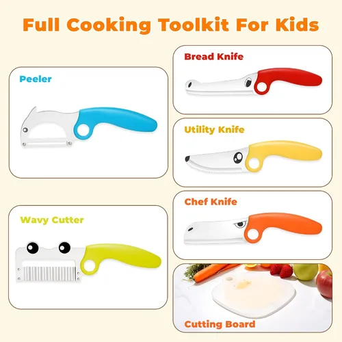 Vista 6 de Juego de cuchillos de cocina para niños con caja de regalo de libro mágico y anillo educativo, herramientas de cocina de animales de 7 piezas