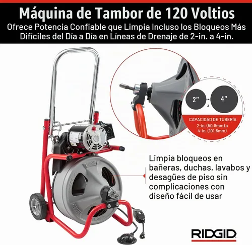 Vista 8 de RIDGID 26998 Modelo K-400 Kit de Máquina de Tambor de Limpieza de Drenaje de 120 Voltios con Cable C-45IW de 1/2" x 75', Blanco, Negro, Rojo