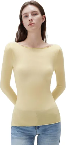 Vista 18 de SUUKSESS - Blusa de manga larga ajustada con cuello barco para mujer, de cachemira como las nubes Negro