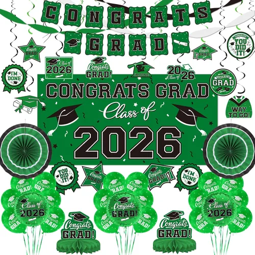 Vista 14 de Juego de decoraciones de graduación 2026 con temática negra y dorada, pancarta de felicitaciones, telón de fondo, globos y serpentinas, suministros