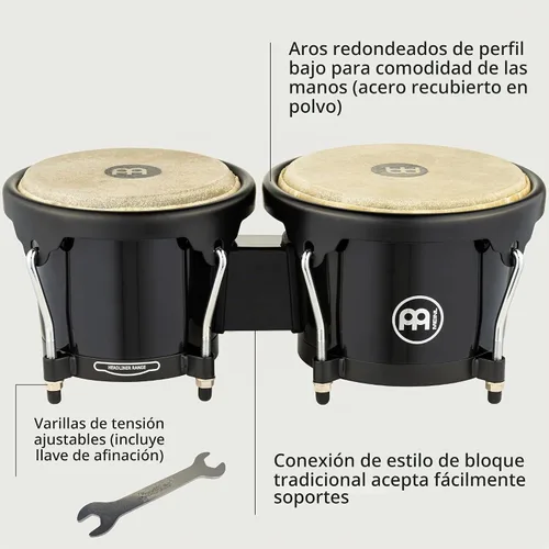Vista 4 de Meinl Percussion HB100SNT-M bongós de madera natural de 6 3/4 y 8 pulgadas, Negro Bongos de carcasa sintética duradera profesional para adultos