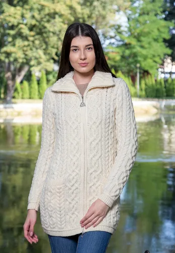 Vista 7 de SAOL Cárdigan irlandés con cremallera Aran para mujer, abrigo de 100% lana merina, con bolsillos y cuello elevado