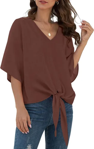 Vista 55 de VIISHOW Womens Tie Front Chiffon Blouses V Neck Batwing Short Sleeve Summer Tops Shirts Albaricoque