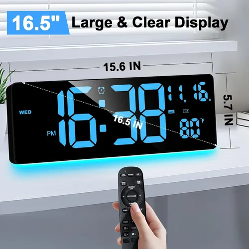 Vista 3 de XREXS Reloj de pared digital con pantalla grande, reloj de pared LED de 16.5 pulgadas con 6 luces nocturnas que cambian de color, DST automático