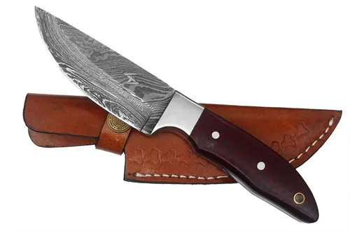 Vista 10 de Cuchillo de Acero de Damasco con Funda de Cuero – Cuchillo de Hoja Fija de Espiga Completa de 7.5" con Mango de Madera de Palisandro de 4