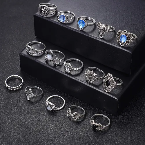 Vista 7 de FIBO STEEL Juego de 101 anillos vintage para nudillos para mujer, apilables, midi, Acero
