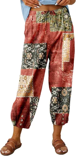 Vista 10 de Pantalones capri de cintura alta con cordón y botón de algodón suelto casual con bolsillos para mujer