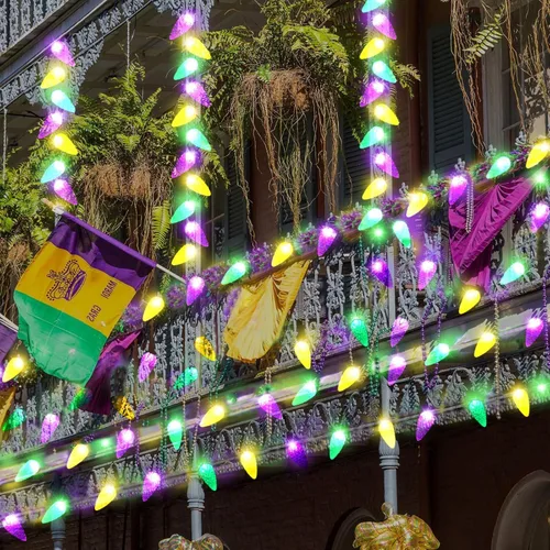 Vista 6 de Luces solares de Navidad para exteriores, cadena de luces C6 de fresa, luces de Mardi Gras, 100 LED, 8 modos, impermeable, uso al aire libre