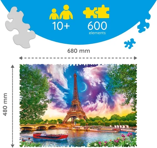 Vista 5 de Trefl Sky Over Paris - Rompecabezas de 600 piezas con estampado de formas locas, rompecabezas de bricolaje, diversión creativa, rompecabezas clásico