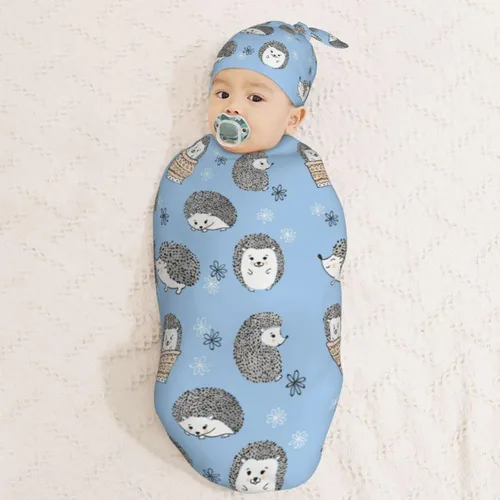 Vista 3 de Lindos erizos azules para recién nacidos, conjuntos de gorros, manta suave para bebé, saco de envolver para baby shower, regalo para niños y niñas