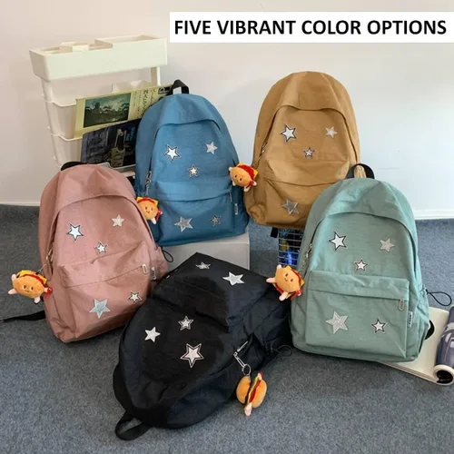 Vista 9 de Mochila Kawaii con bonitos accesorios, patrones de estrellas y material de nailon duradero, Negro 1, Kawaii