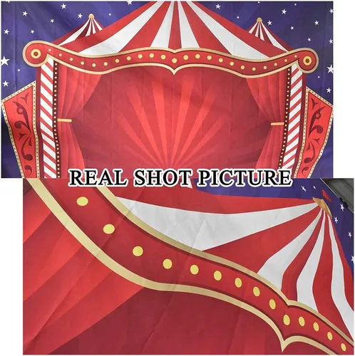 Vista 7 de Laeacco Telón de fondo rojo para tienda de campaña de circo de dibujos animados, rayas rojas y blancas, cortina roja de circo, 5 x 3 pies, fondo