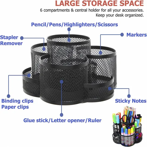 Vista 8 de Caja giratoria de malla metálica 360 para lápices, artículos de papelería, suministros de oficina, organizador de brochas de maquillaje para el Negro
