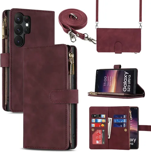 Vista 29 de Cavor Funda tipo cartera cruzada para Samsung Galaxy S22 Plus, color negro Funda de cuero con cierre magnético con cremallera y función atril TPU