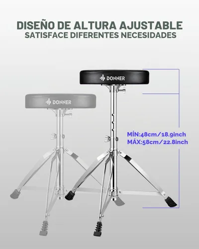 Vista 4 de Set de trono para batería de Donner, taburetes acolchados con altura ajustable, incluye baquetas 5A, múltiples versiones, opción confiable