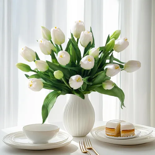 Vista 16 de Bailikang 20 piezas de tulipanes artificiales, flores de seda de tulipanes falsos, ramo artificial de PU, flores artificiales de imitación con caja