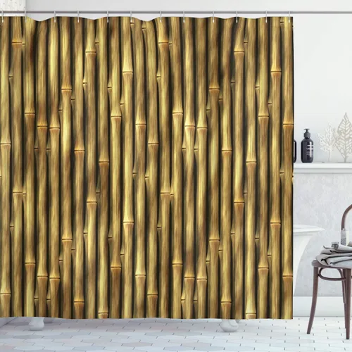 Vista 38 de Ambesonne Decor Collection, juego de cortina con ganchos para regadera Amarillo y marrón