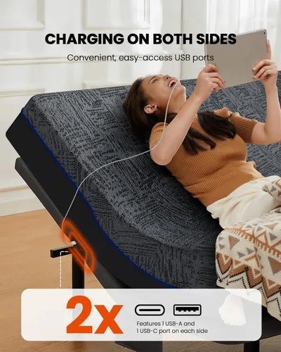 Vista 4 de AMADA HOMEFURNISHING Base de cama ajustable con masaje, base de cama ajustable individual XL controlada por aplicación con 4 puertos USB y luz LED