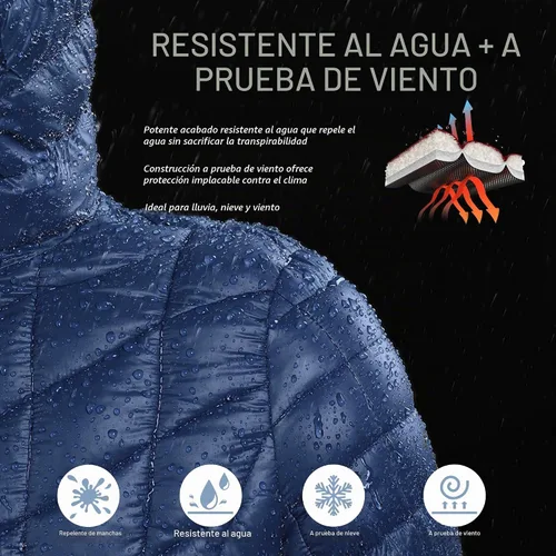 Vista 5 de Outdoor Ventures Abrigo Puffer Largo con Capucha Maryan para Mujer, Ultra Ligero, Cálido, Thermolite (Fiel a la talla. Orden Tamaño Normal) Tinta