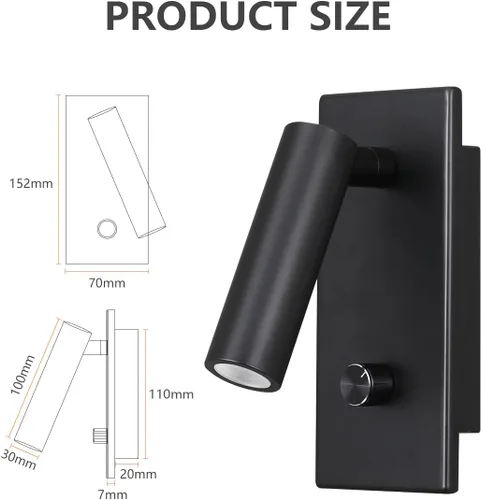 Vista 5 de Lámpara de luz de lectura montada en la pared, interruptor de atenuación física, encendido/apagado/atenuación LED de 5 W, blanco cálido, 3000 K