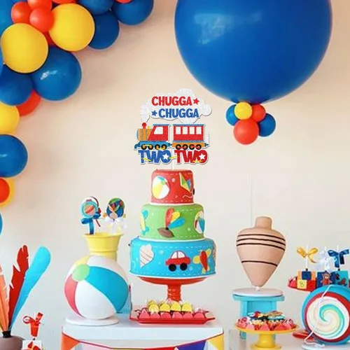 Vista 4 de Chugga Chugga Two Two 2 Train Happy Birthday Cake Topper 2, 2 años de edad, 2º cumpleaños, suministros de fiesta temática de ferrocarril para bebés