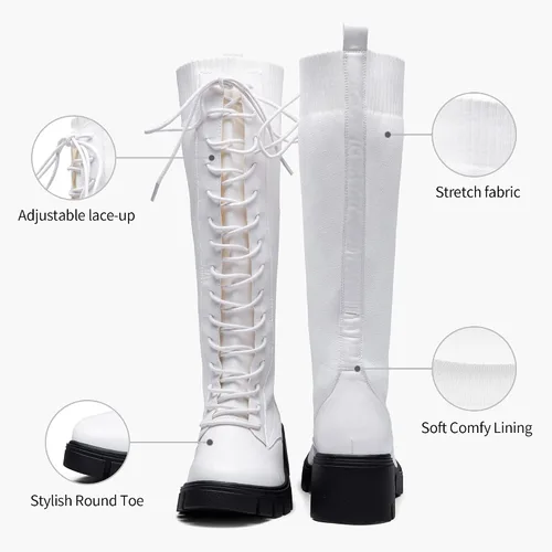 Vista 5 de Vepose Botas altas hasta la rodilla con plataforma de encaje 953 para mujer con tacón grueso y cómodo