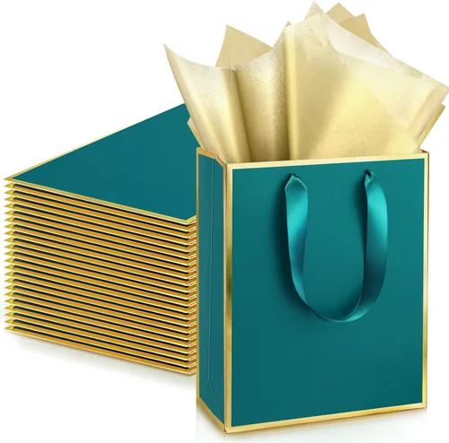 Vista 31 de Yeaqee Paquete de 24 bolsas de regalo de papel metálico con asa y tejido de 9 x 7 x 3.1 pulgadas, papel de aluminio dorado, bolsas de agradecimiento