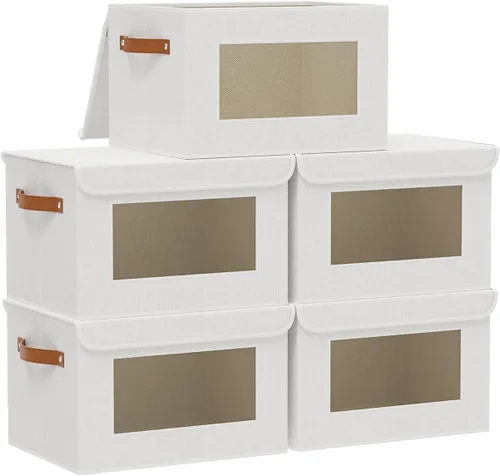 Vista 14 de Cajas de almacenamiento plegables con tapas, organizadores de armario de lino, contenedores de almacenamiento de 10.2 x 7.8 x 6.7 pulgadas para Beige