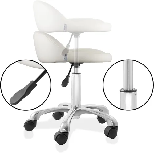 Vista 5 de Saloniture Taburete hidráulico rodante con respaldo bajo – Silla giratoria ajustable para spa, tienda, salón, masaje u oficina médica, color crema