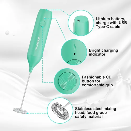 Vista 5 de HAUSHOF Potente varita espumadora de leche recargable con soporte, espumador eléctrico de mano, mezclador de bebidas con batidor de acero inoxidable