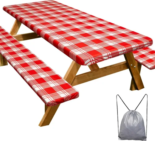 Vista 23 de Funda de mesa de picnic con fundas para bancos Esenciales de camping Mantel de picnic impermeable y a prueba de viento con bolsa de cordón, funda
