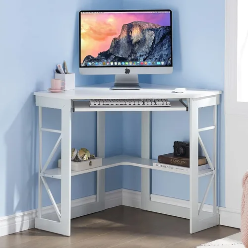 Vista 11 de VECELO - Escritorio de esquina para computadora, mesa de escritura con bandeja para teclado suave y estantes de almacenamiento, mesa triangular